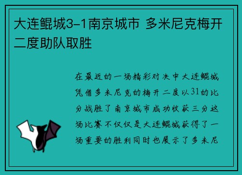 大连鲲城3-1南京城市 多米尼克梅开二度助队取胜