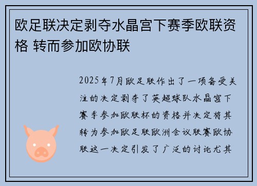 欧足联决定剥夺水晶宫下赛季欧联资格 转而参加欧协联