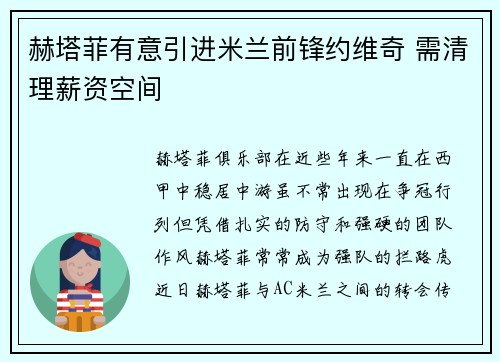 赫塔菲有意引进米兰前锋约维奇 需清理薪资空间